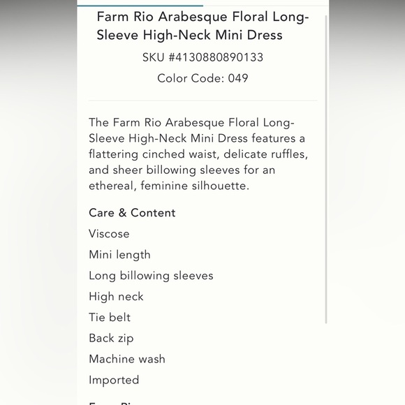 🎊LAST ONE🎊Anthropologie NWT Farm Rio Arabesque Floral High-Neck Mini Dress S. - Picture 7 of 13